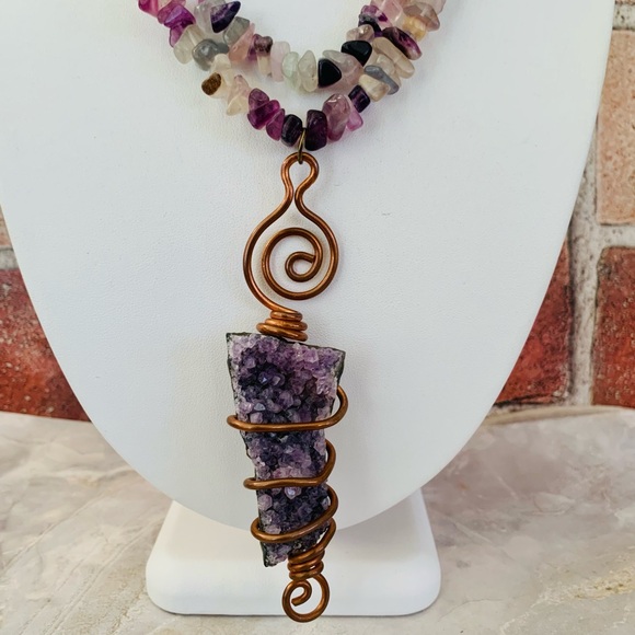 Artisan Jewelry - Artisan Amethyst Geode Copper Wire Wrapped Pendant Crystal Necklace